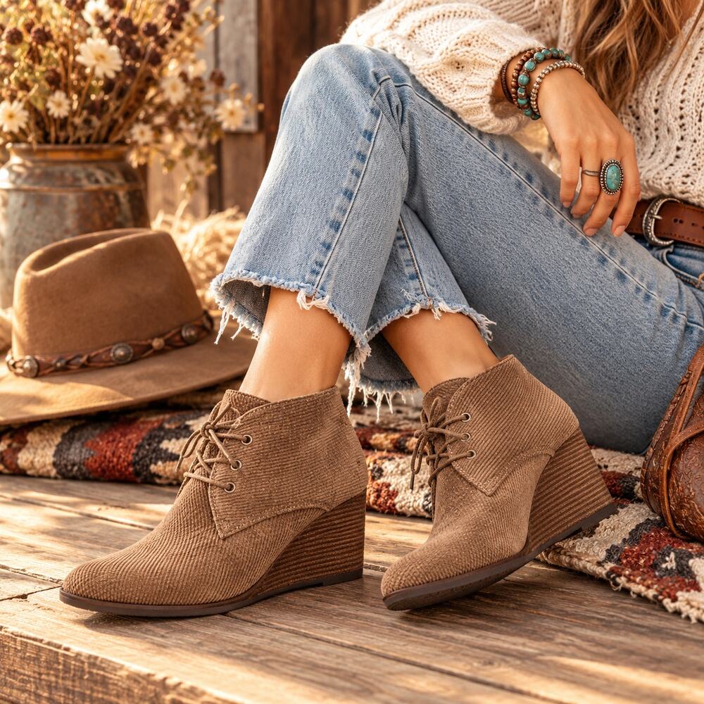 Lucky Brand Corduroy Wedge Booties 🤎 Textured Neutral Anthro Style NWT
